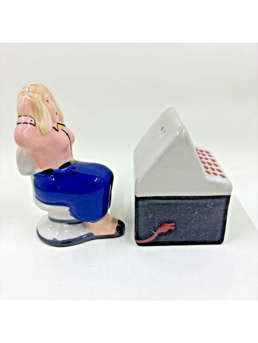 Woman sitting at 90s Style computer salt and pepper shakers  Vintage Rare